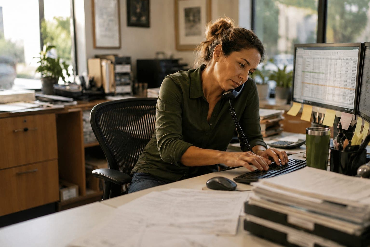 Office coordinator juggling phone and screens